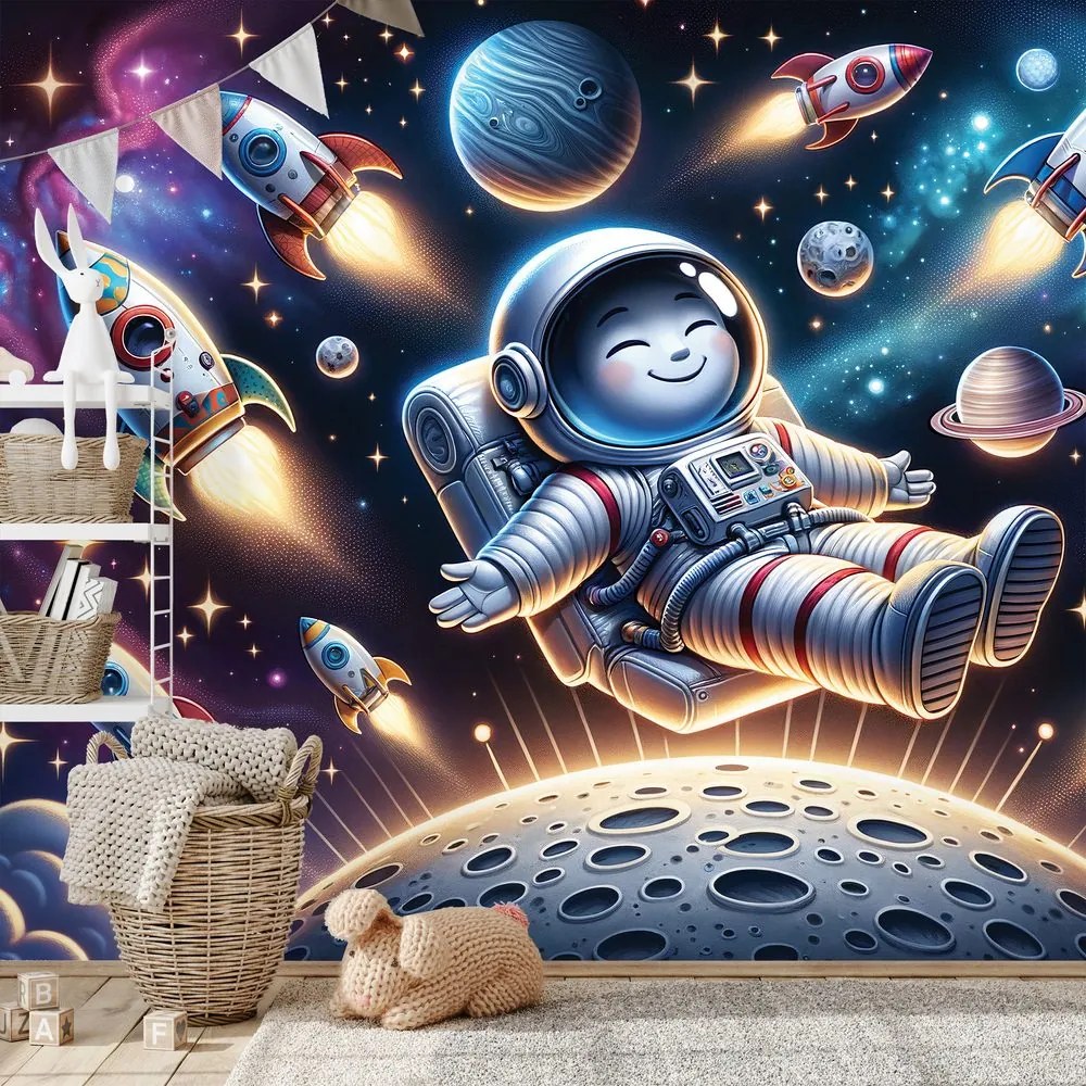 Samolepiaca fototapeta veselý astronaut medzi raketami