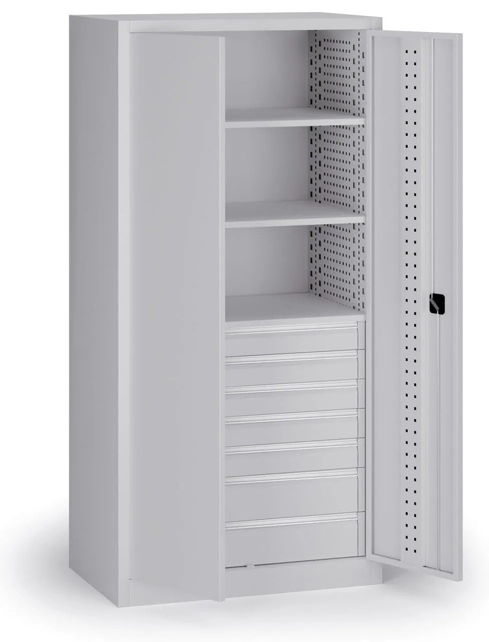 Dielenská zásuvková skriňa na náradie KOVOS, 3 police, 7 zásuviek, perforovaná, 950 x 600 x 1950 mm, sivá