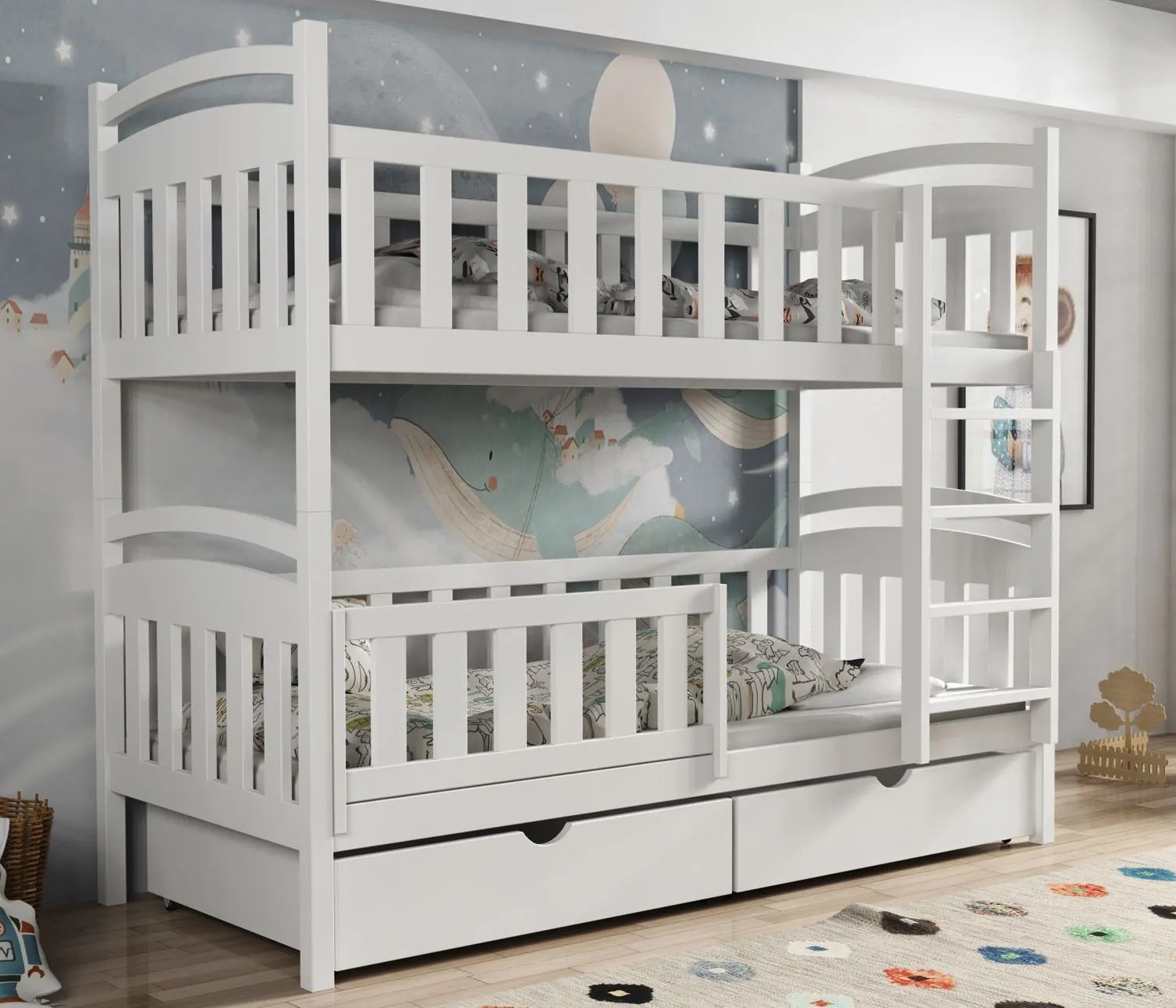 Detská poschodová posteľ z masívu borovice KRISTEN so šuplíkmi - 200x90 cm - BIELA