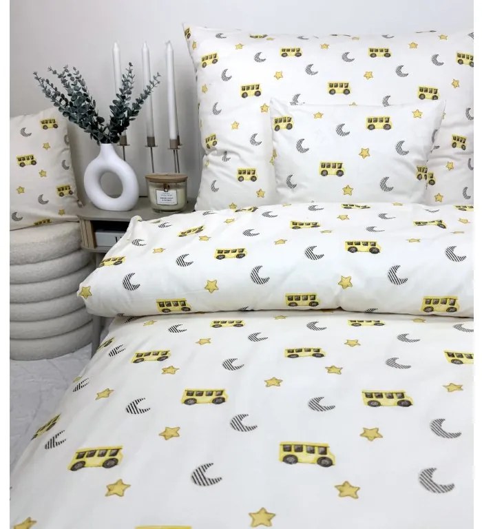 Obliečky Žltý autobus 140x200 / 70x90 cm – 100% bavlna, detský motív, žltý školský autobus, zips