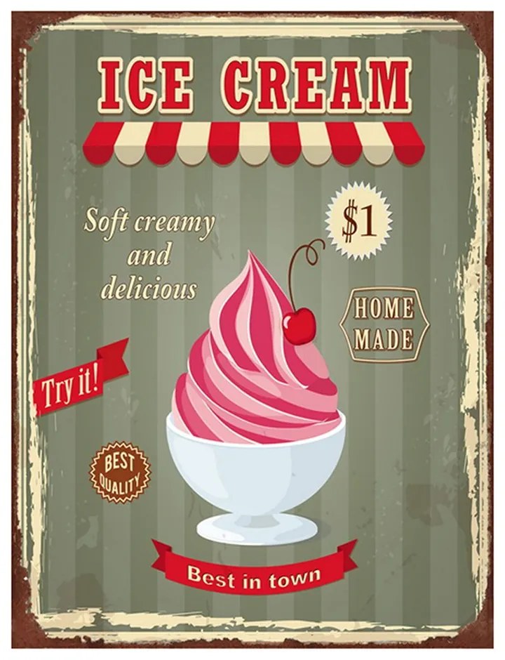 Zelená nástenná kovová ceduľa Ice Cream - 25*1*33 cm