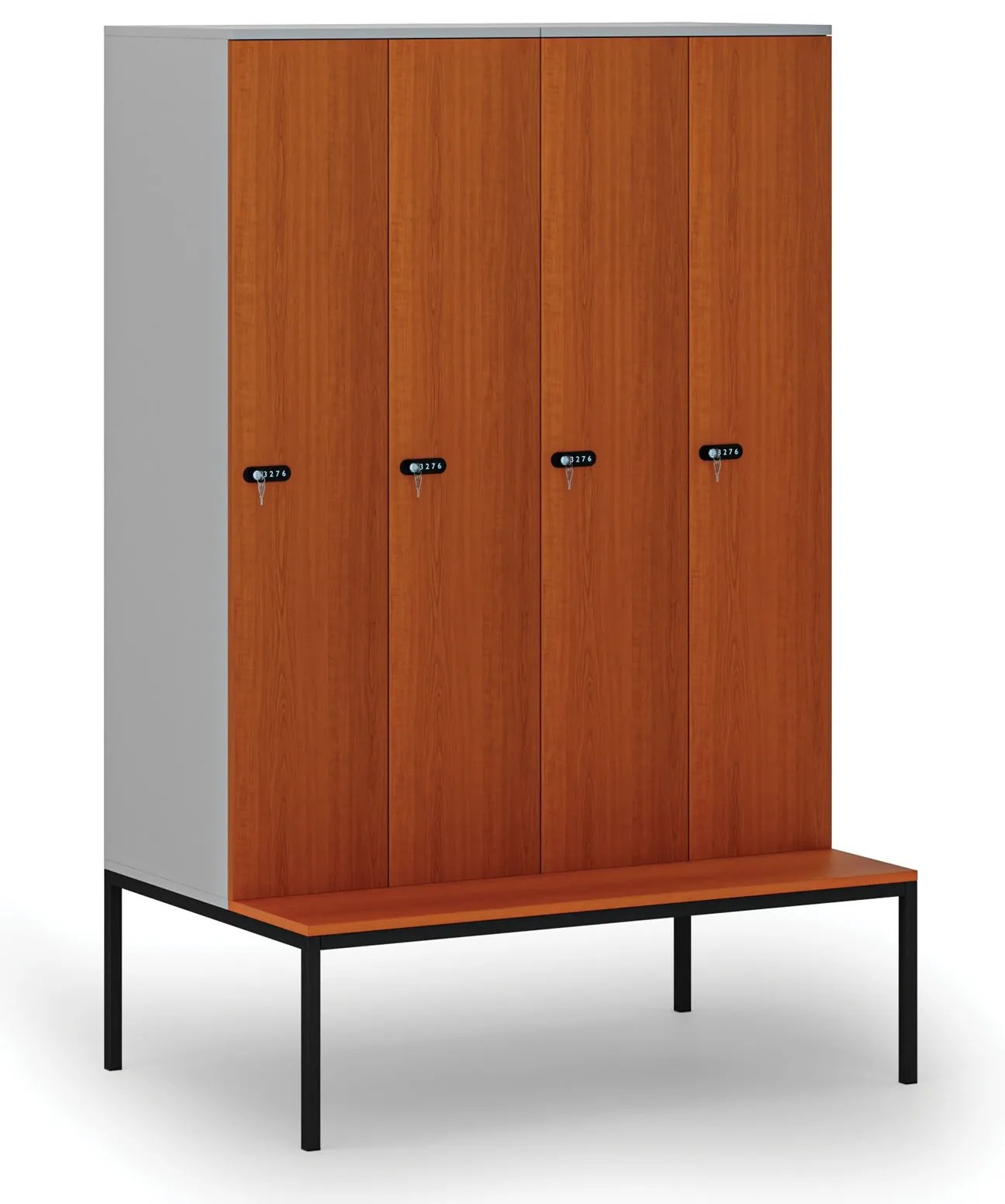 Drevená šatníková skrinka S4 s lavičkou, 4 oddiely, 1871 x 1200 x 500/800 mm, demont, mechanický kódový zámok, sivá/čerešňa