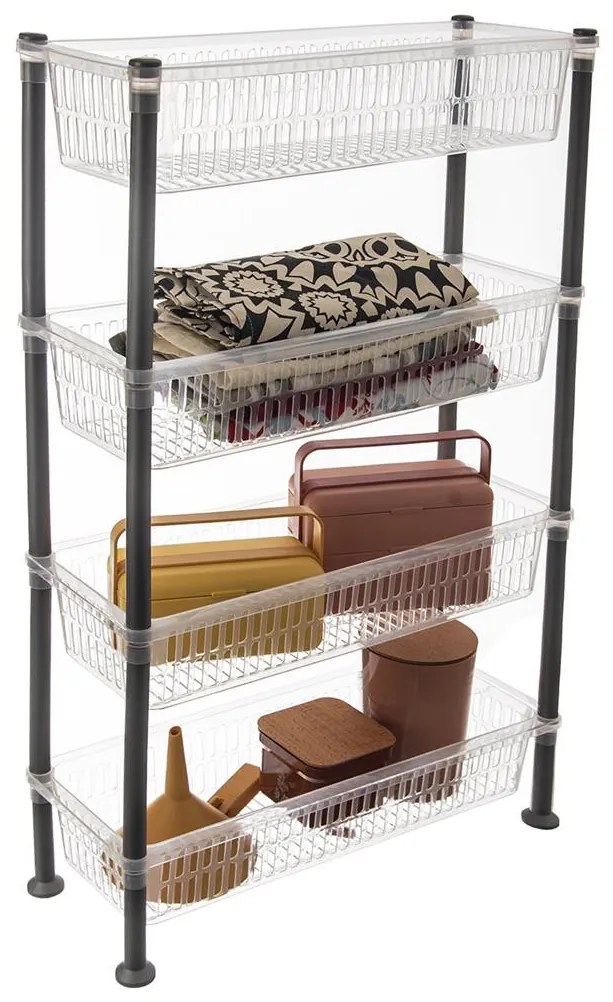 Úzka komoda s košíkmi, regál, 4 police, transparentná, SLIM-INVA
