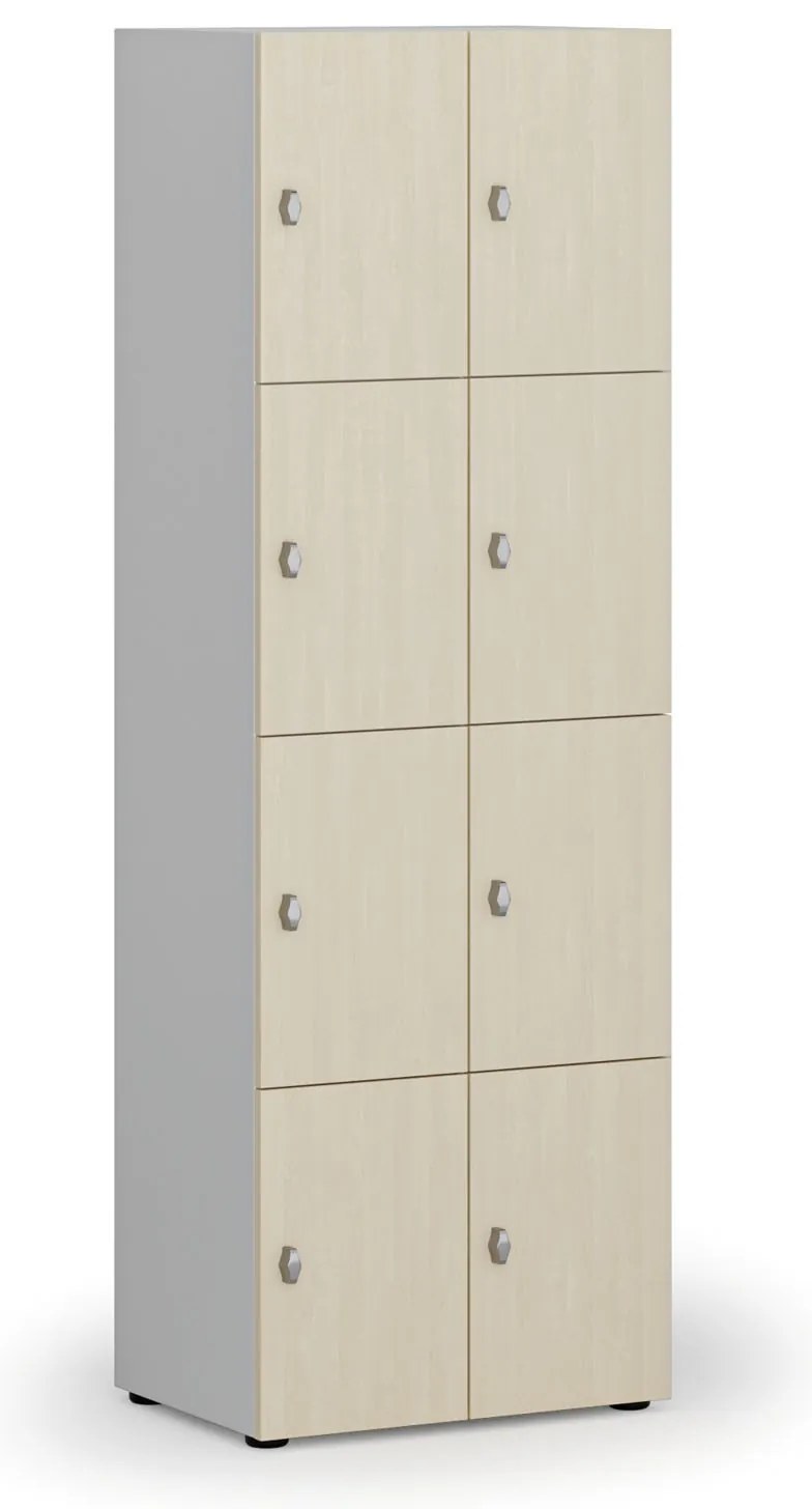 Drevená šatníková skrinka s úložnými boxmi, 8 boxov, otočný zámok, sivá/breza