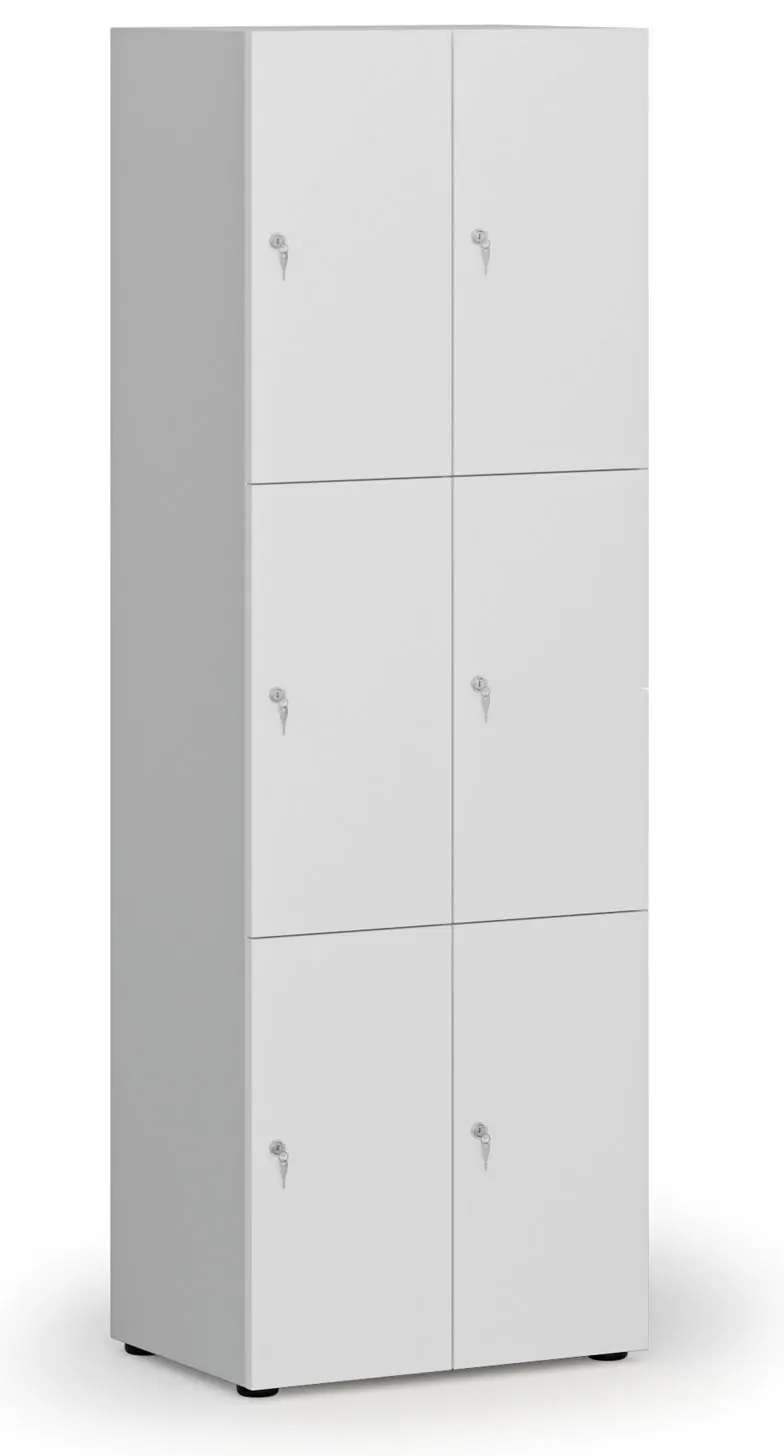 Drevená šatníková skrinka s úložnými boxmi, 6 boxov, cylindrický zámok, sivá/biela