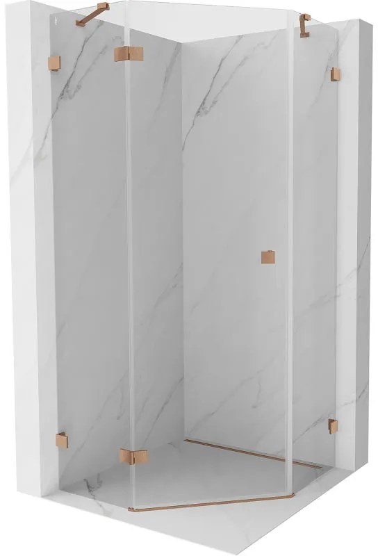 Mexen Lunar, päťuholníkový sprchový kút s ľavým sklonom 80 x 80 cm, 8mm číre sklo, profil medená matná, 831-080L-080P-65-00-L