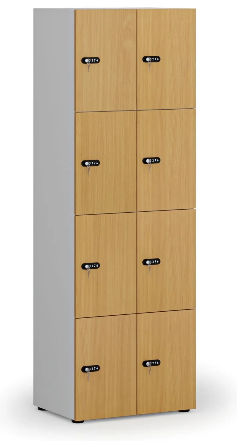Drevená šatníková skrinka S4 s úložnými boxmi, 8 boxov, demont, mechanický kódový zámok, sivá/buk