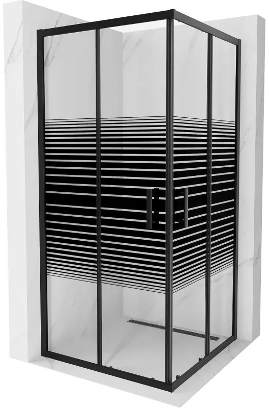 Mexen Rio, štvorcový sprchovací kút s posuvnými dverami 90(dvere) x 90(dvere) x 190 cm, 6mm číre sklo s pásikmi, čierny profil, 860-090-090-70-20