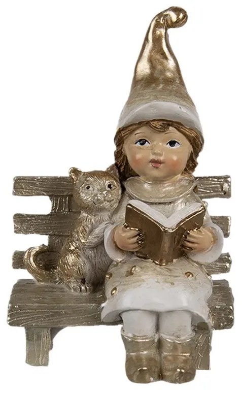 Béžovo-zlatá dekorácia dievčatko s mačičkou na lavičke - 6*5*9 cm