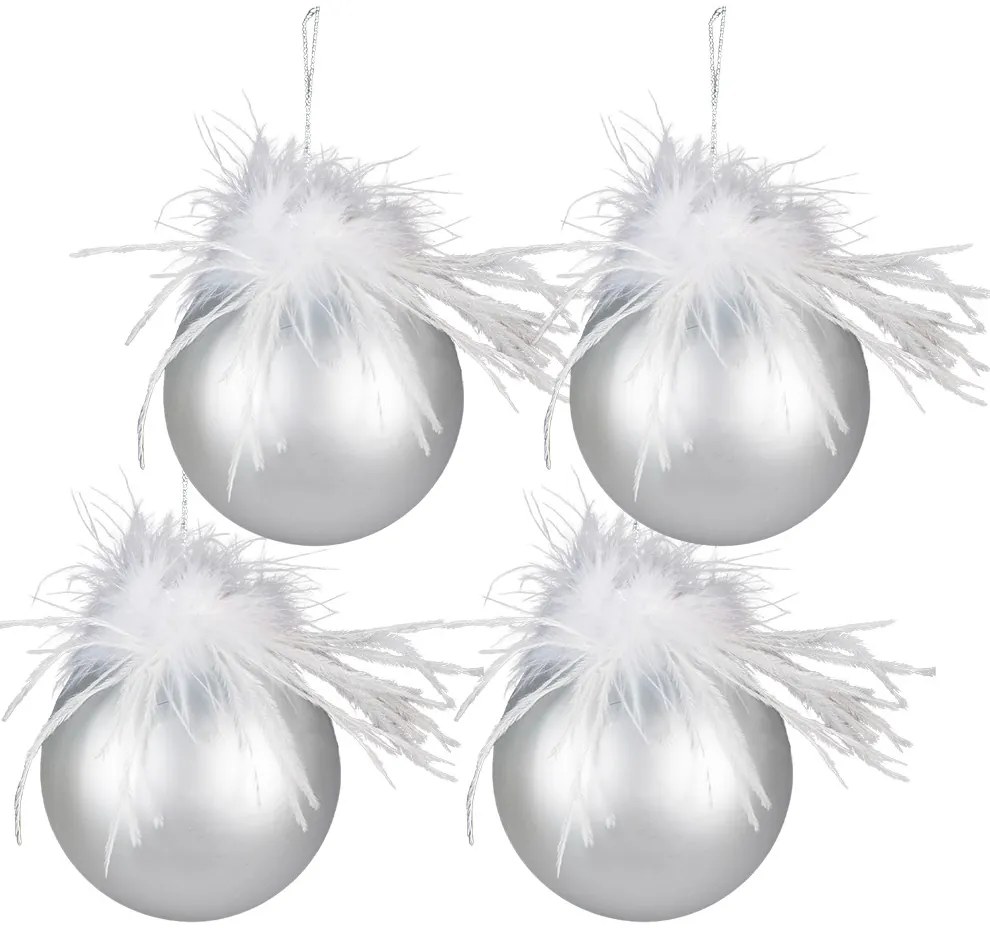 4ks strieborná vianočná ozdoba gule s pierkami - Ø 10 cm 4ks strieborná vianočná ozdoba gule s pierkami - Ø 10 cm