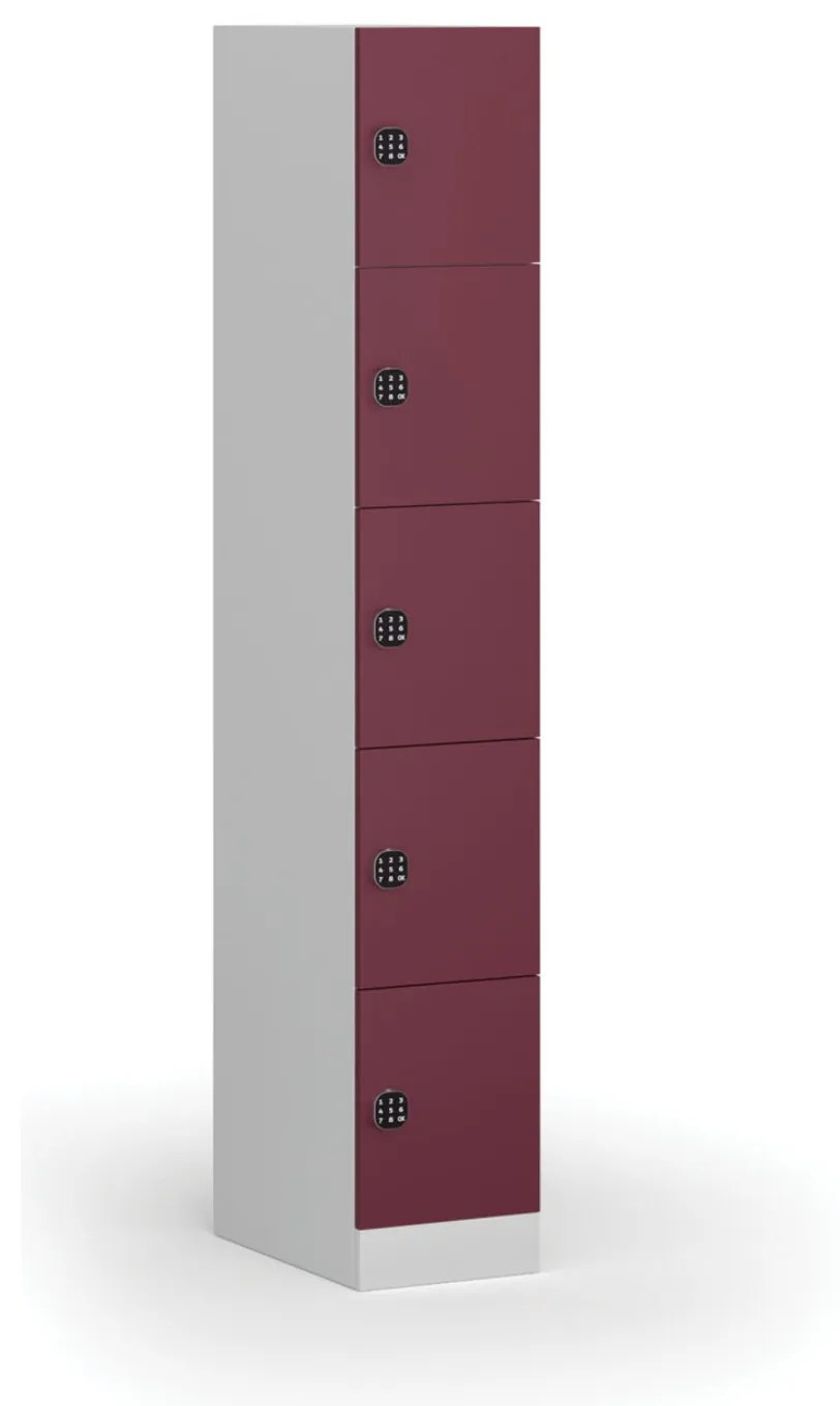 Šatníková skrinka s úložnými boxmi, 5 boxov, 1850 x 300 x 500 mm, kódový zámok, červené dvere