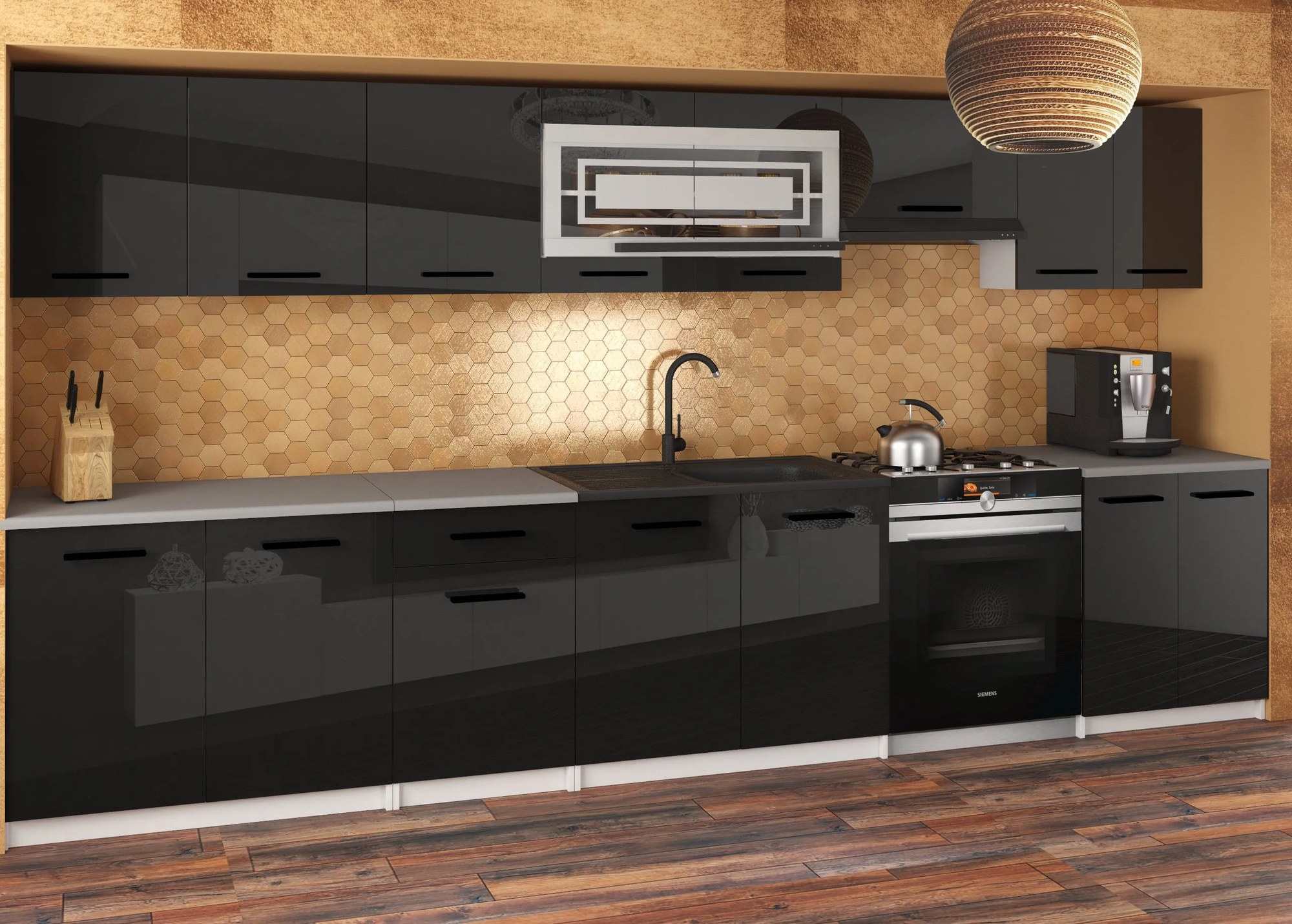 Kuchynská linka JUSTYNA 260 cm čierny lesk s pracovnou doskou