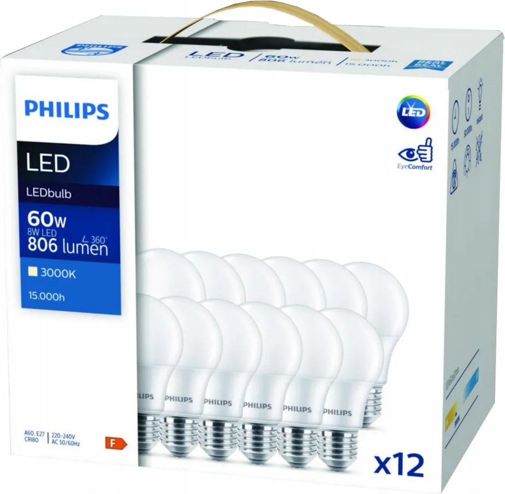 12x LED žiarovka Philips E27 - 8W - 806lm - 3000K