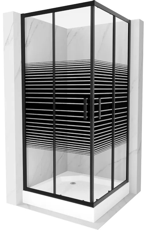 Mexen Rio, štvorcový sprchovací kút s posuvnými dverami 90(dvere) x 90(dvere) x 190 cm, 6mm číre sklo s pásikmi, čierny profil + biela sprchová vanička RIO, 860-090-090-70-20-4510