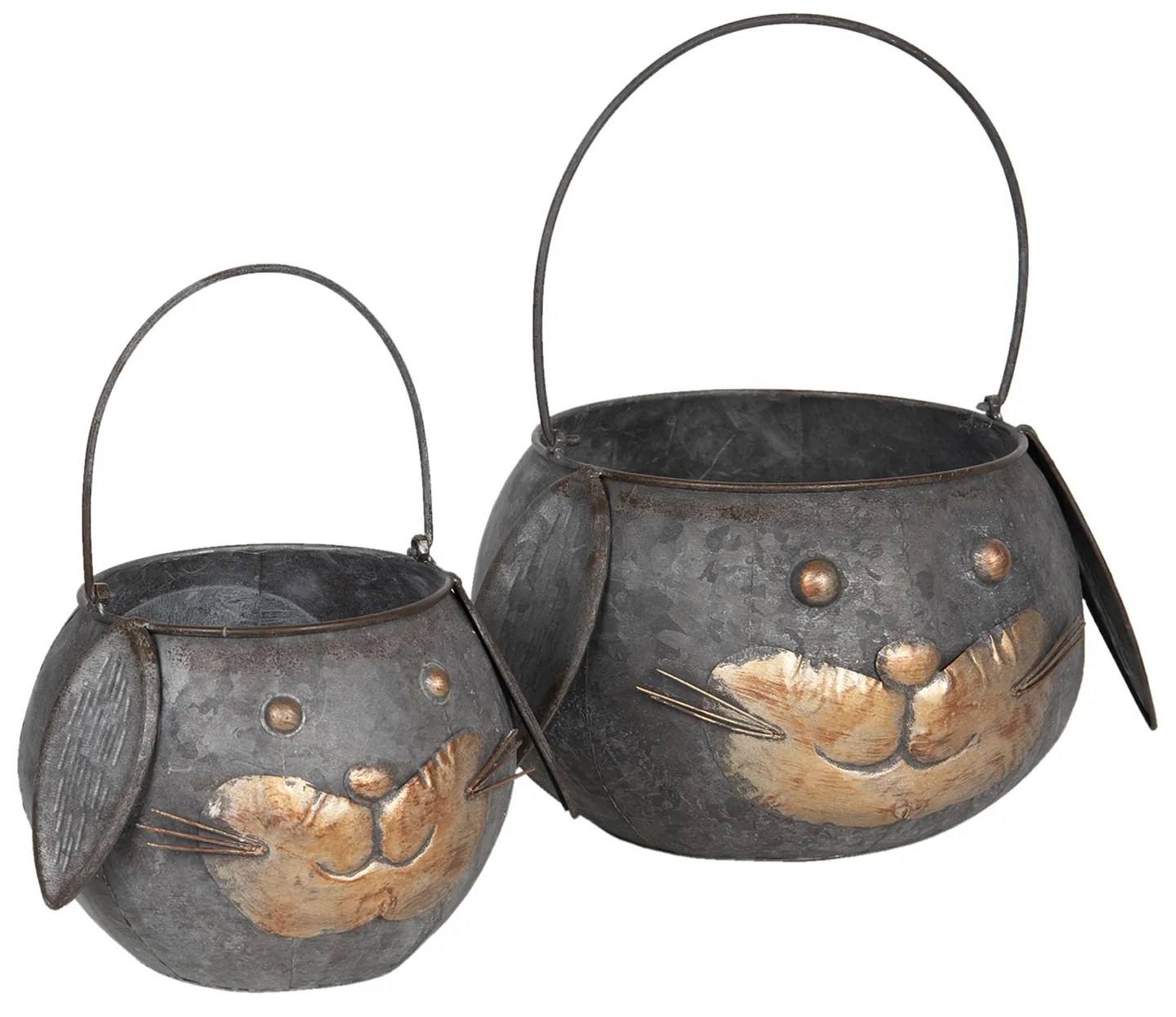 2ks plechový obal na kvety v tvare hlavy zajačika - Ø 25*17/35 / Ø 19*15/30 cm