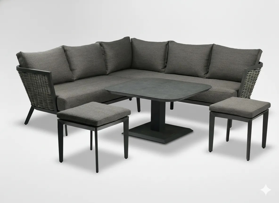 Garden Line SÚPRAVA HLINÍKOVÉHO NÁBYTKU „TALLINN“ (ROHOVÁ SEDACIA SÚPRAVA + 2 PUFFY + STÔL S NASTAVITEĽNOU VÝŠKOU) ŠEDÁ + ŠEDÉ VANKÚŠE