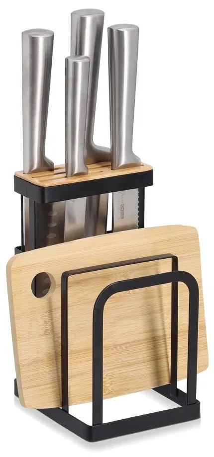 Stojan na nože, stojan na krájacie dosky, čierny kov, bambus