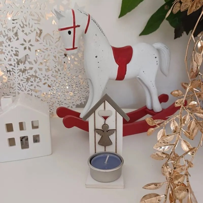 DECOLED Drevený svietnik, domček s anjelom, 10,5x5 cm