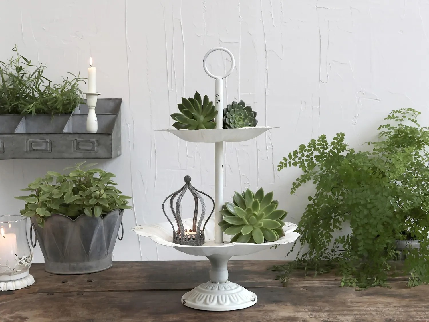 Krémový antik dekoračný kovový etažér Flowers - Ø34*51cm