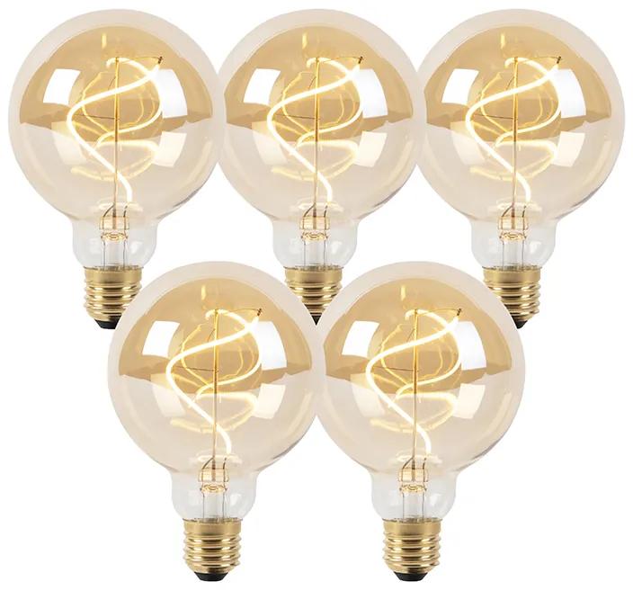 Sada 5 stmievateľných LED žiaroviek so špirálovým vláknom E27 G95 zlatá 4W 270lm 2100K