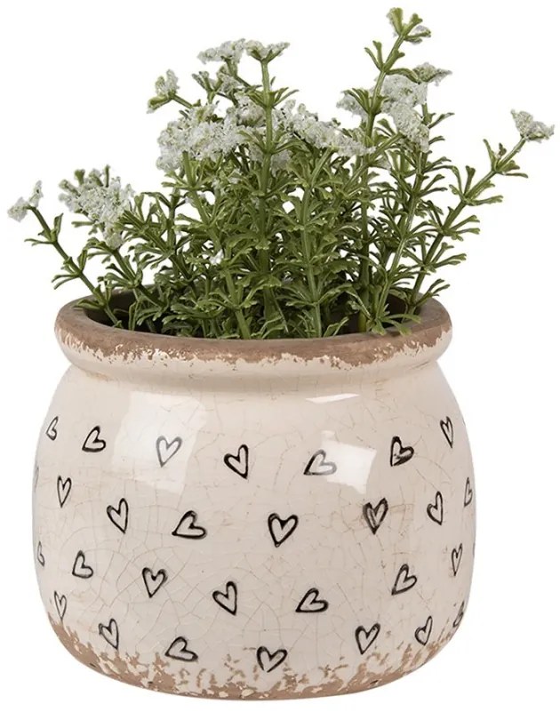 Béžový keramický obal na kvetináč so srdiečkami Hearti S - Ø 12*10 cm