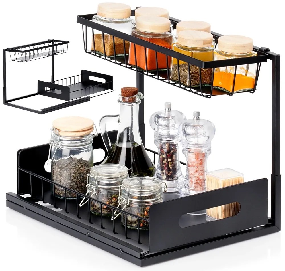 VILDE Kovová 2-poschodová výsuvná polička, nahradí zásuvku, čierna 36 x 27 x 28,5 cm