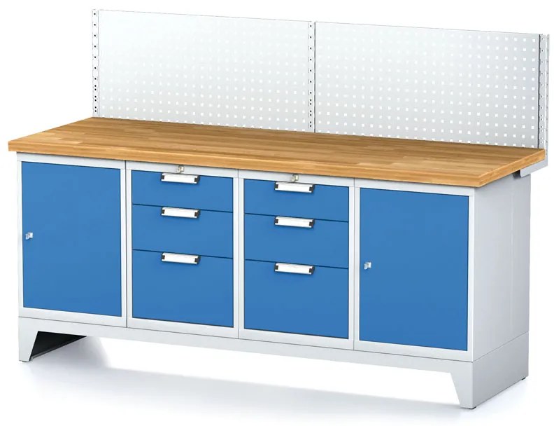 Alfa 3 Dielenský stôl MECHANIC I, perforovaný panel, 2 skrinky a 2 zásuvkové boxy na náradie, 6 zásuviek, 2000x685x880 mm, modré dvere