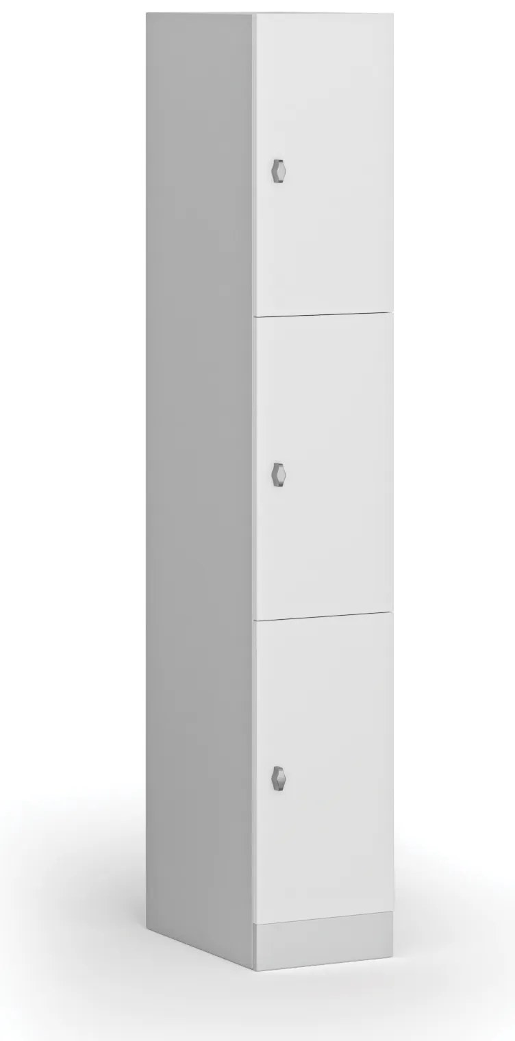 Šatníková skrinka s úložnými boxmi, 3 boxy, 1850 x 300 x 500 mm, demont, otočný zámok, laminované dvere, biela