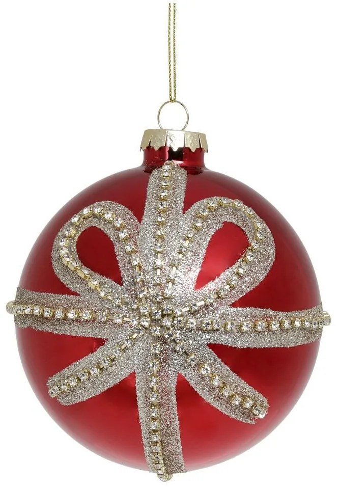 Červená sklenená vianočná ozdoba gule s mašľou Chic - Ø 10 cm