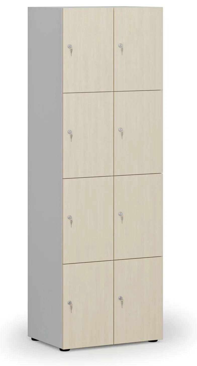 Drevená šatníková skrinka S4 s úložnými boxmi, 8 boxov, demont, cylindrický zámok, sivá/breza