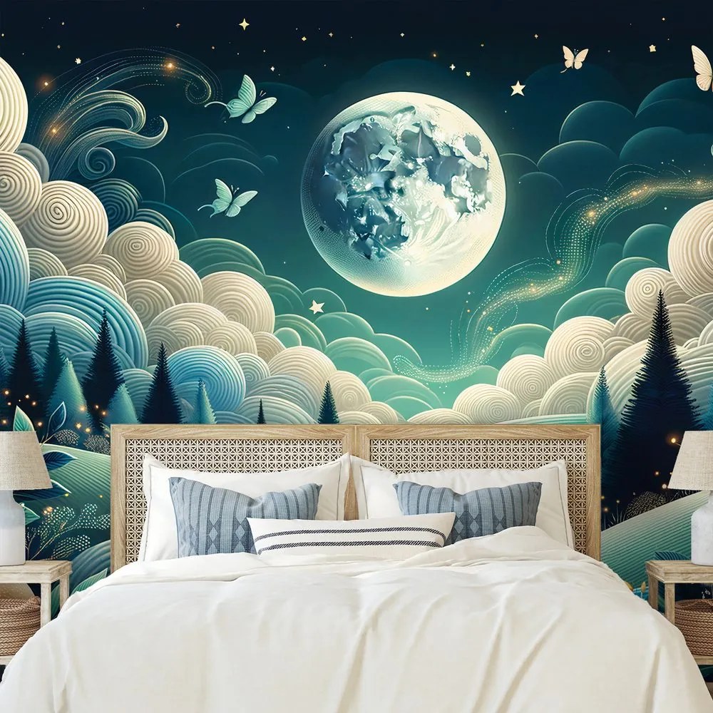 Tapeta nočná rozprávková krajina a lietajúce motýle