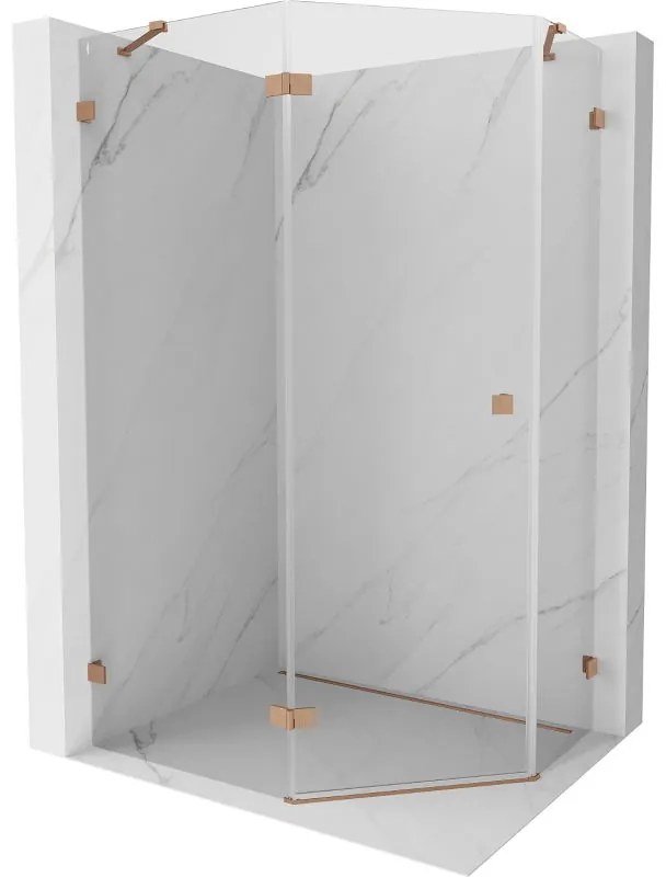 Mexen Lunar, päťuholníkový sprchový kút s ľavým sklonom 90 x 80 cm, 8mm číre sklo, profil medená matná, 831-090L-080P-65-00-L