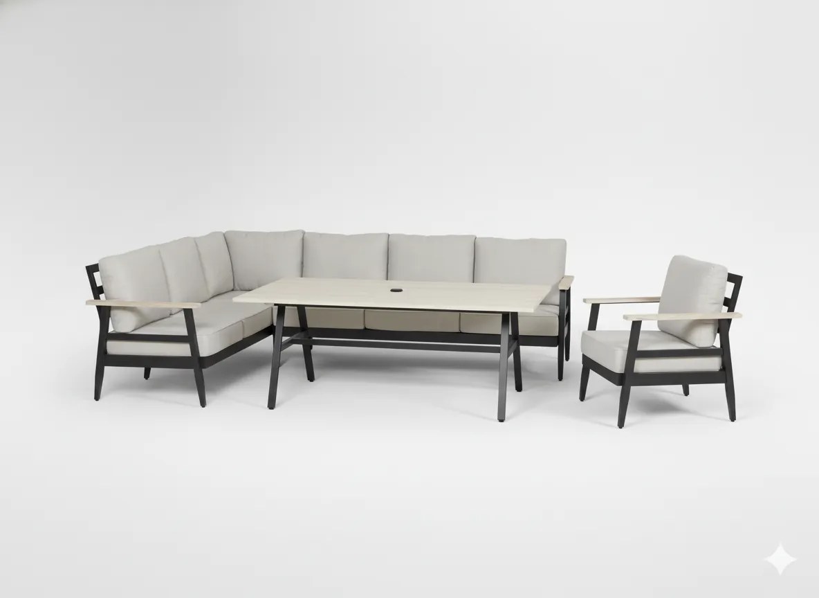 Garden Line Hliníkový záhradný nábytok (rohová pohovka + stôl + kreslo) béžová + béžové vankúše