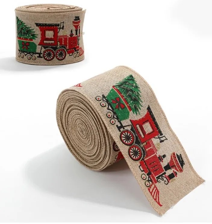Vianočná stuha CHRISTMAS TRAIN 6,3 cm x 2 m, béžová