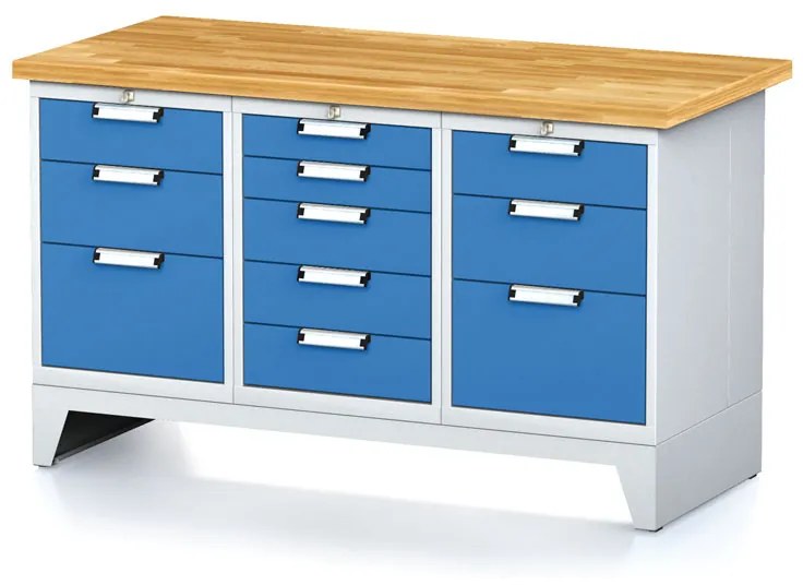 Alfa 3 Dielenský stôl MECHANIC I, 1x 5 zásuvkový box a 2x 3 zásuvkový box na náradie, 11 zásuviek, 1500x685x880 mm, modré dvere