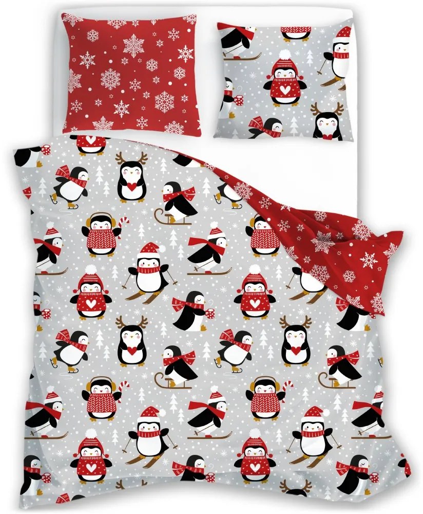 Vianočné bavlnené posteľné obliečky – motív Tučniaky a snehové vločky - 100% bavlna - 70 x 90 cm + 140 x 200 cm