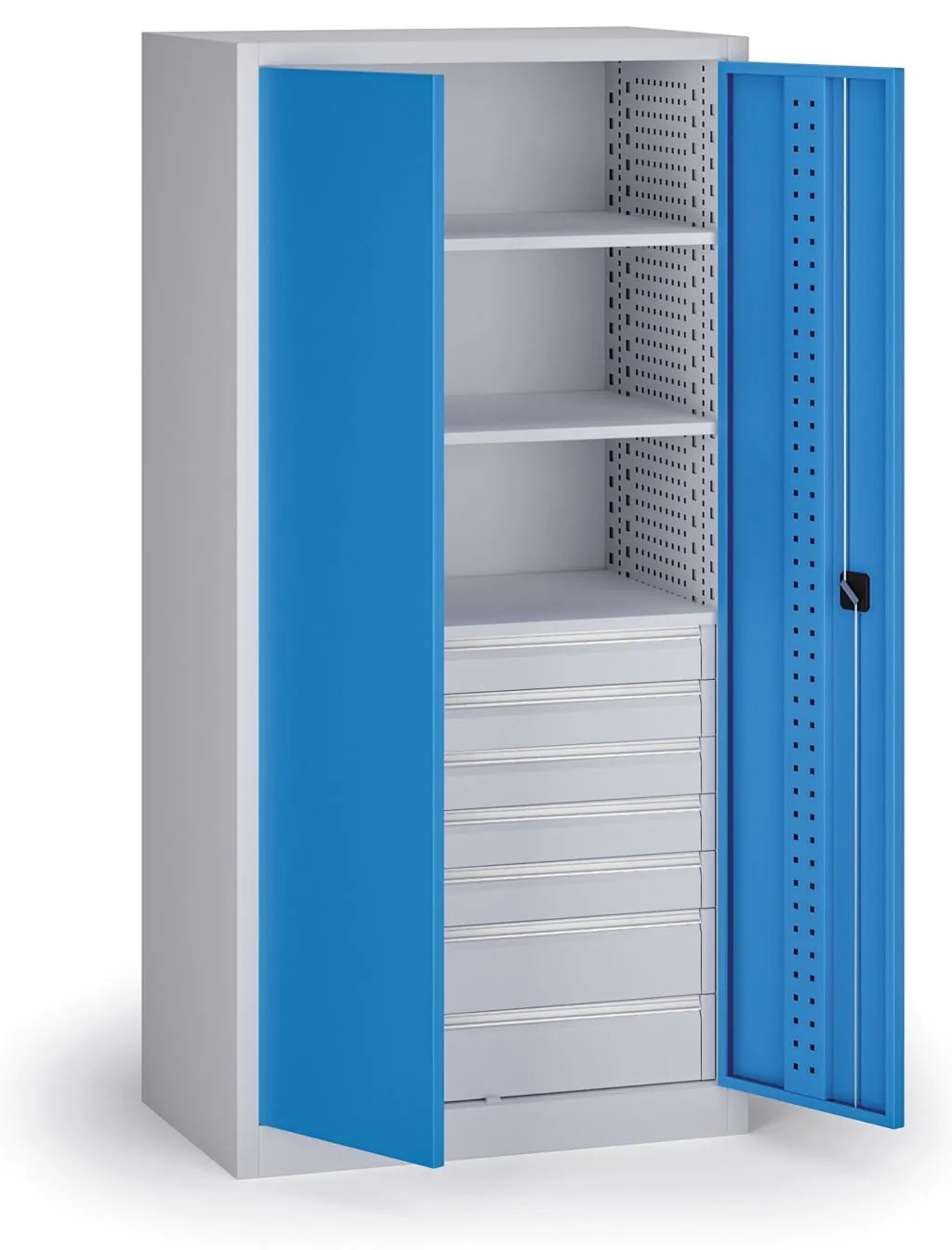 Dielenská zásuvková skriňa na náradie KOVOS, 3 police, 7 zásuviek, perforovaná, 950 x 600 x 1950 mm, modrá