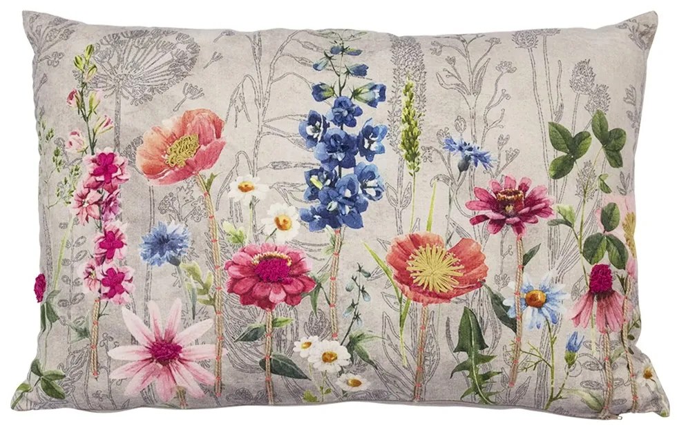 Béžový vankúš rozkvitnutá lúka Flowers Poppy s výšivkou - 40*60*15cm