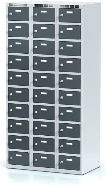 Alfa 3 Šatníková skrinka S6 s úložnými boxami, 30 boxov, 1800 x 900 x 500 mm, otočný zámok, tmavosivé dvere