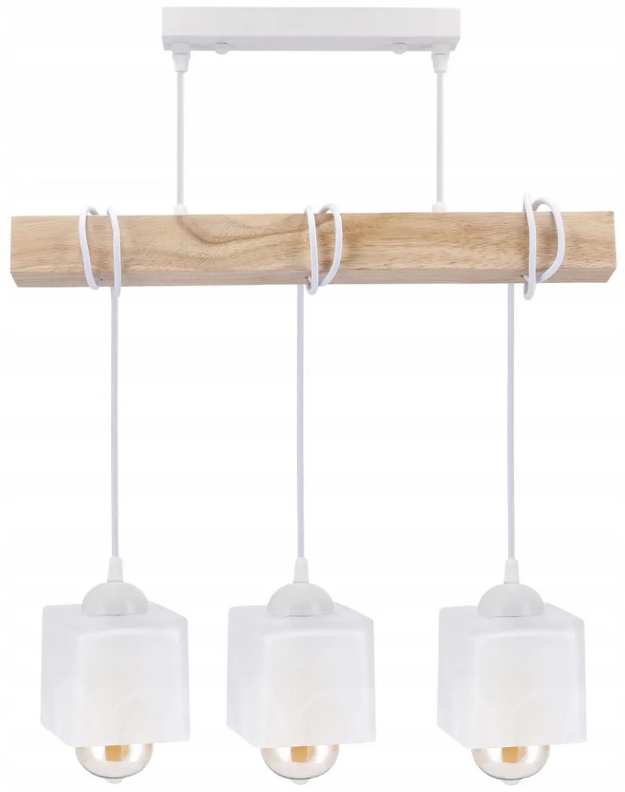 BERGE LED závesné stropné svietidlo, drevený trám, 3xE27, loft, mliečna kocka - biela