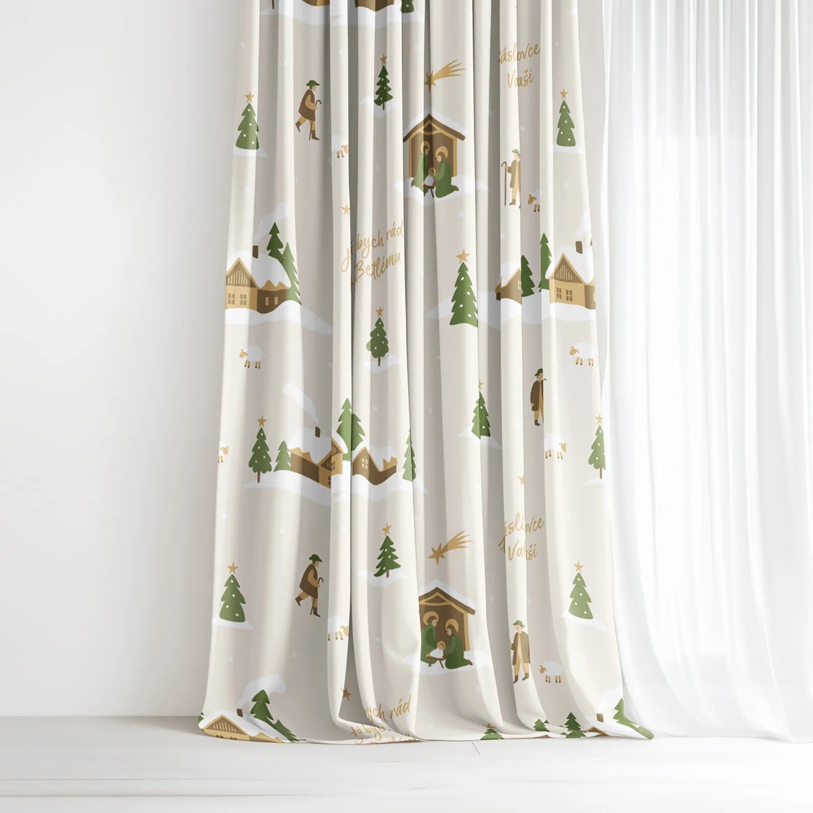 Goldea vianočný bavlnený záves - pásli ovce valaši 280x150 cm