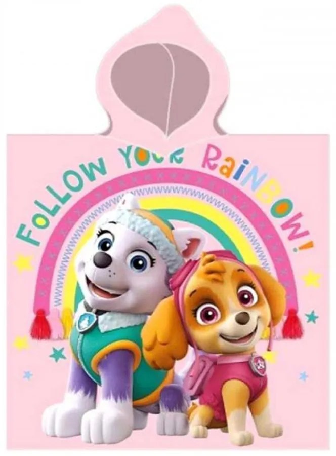Dievčenské plážové pončo - osuška s kapucňou Paw Patrol - Tlapková patrola - motív Rainbow - 100% bavlna - 55 x 110 cm