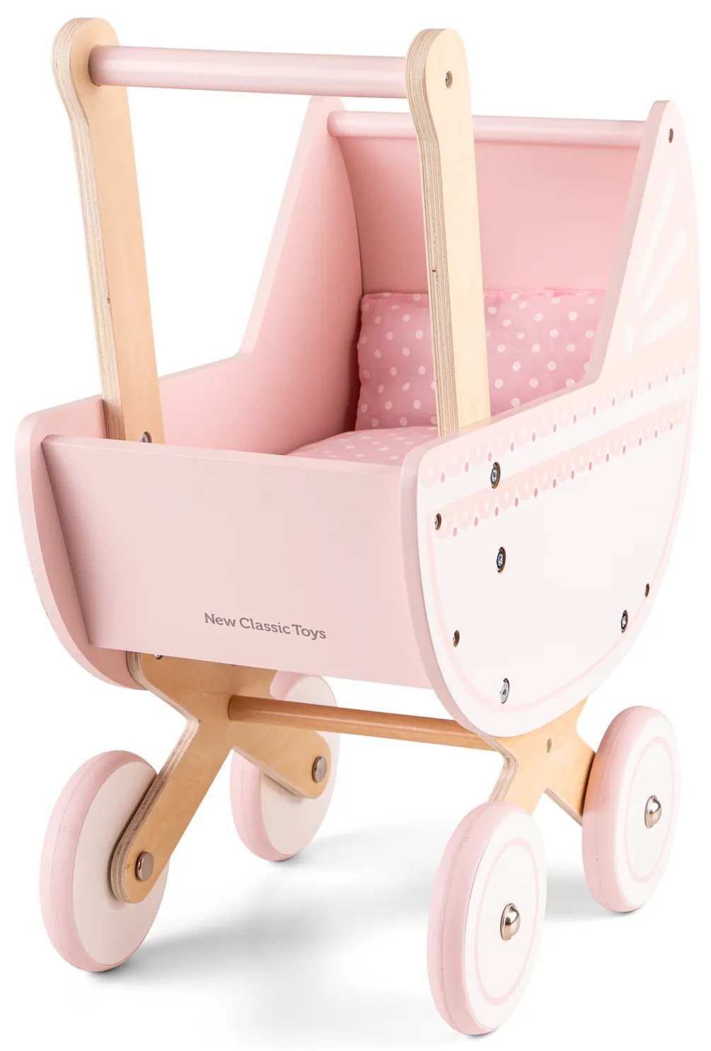 Drevený kočík pre bábiky vrátane perinky a vankúšika - ružový