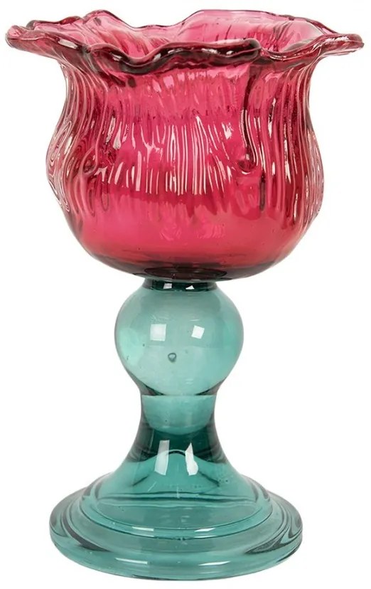 Tyrkysovo-ružový sklenený svietnik tulipán Colorful Garden - Ø 10*16 cm