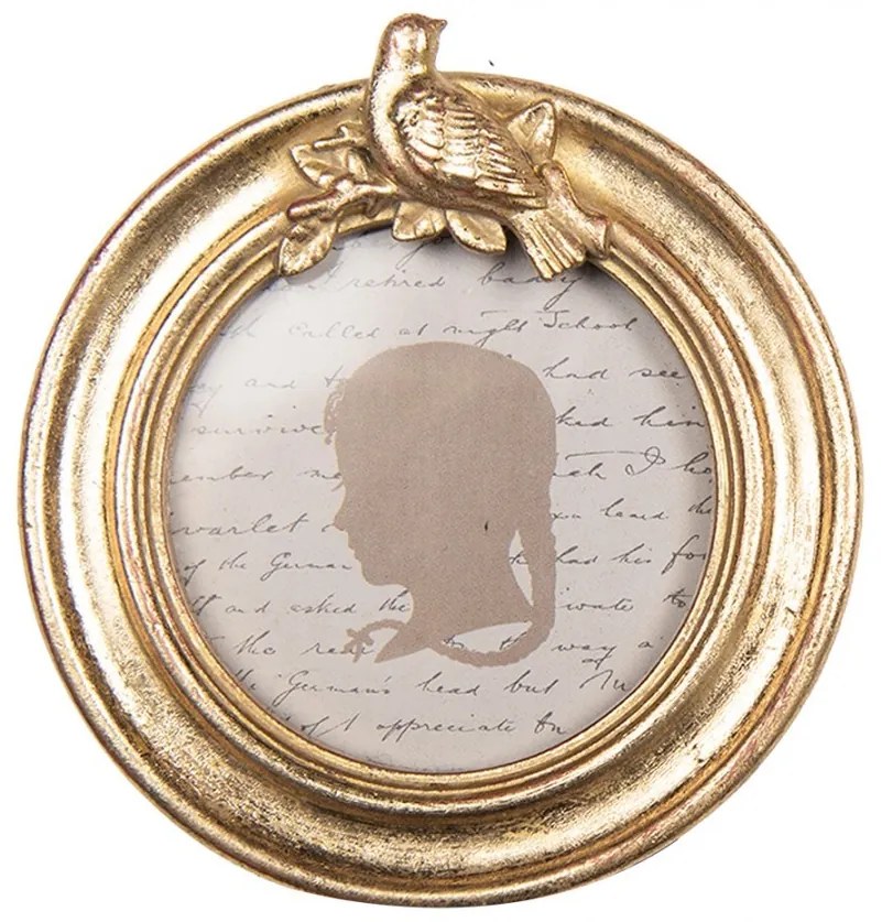 Zlatý okrúhly fotorámik s vtáčikom - 10*2*11 cm / Ø 8 cm