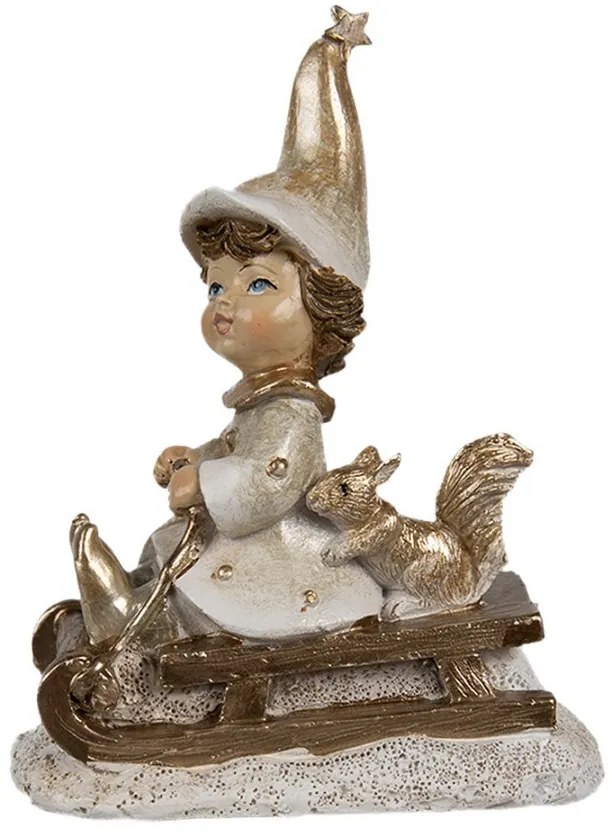 Béžovo-zlatá dekorácia dievčatko škriatok s veveričkou na saniach - 8*4*10 cm