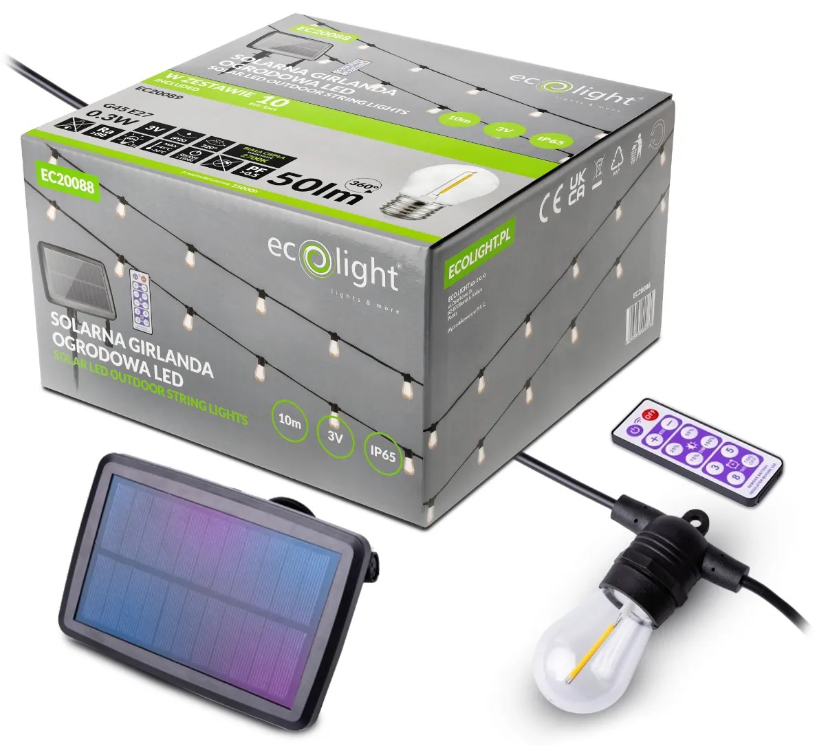 ECOLIGHT Solárna záhradná girlanda LED 10 m + 10x žiarovka