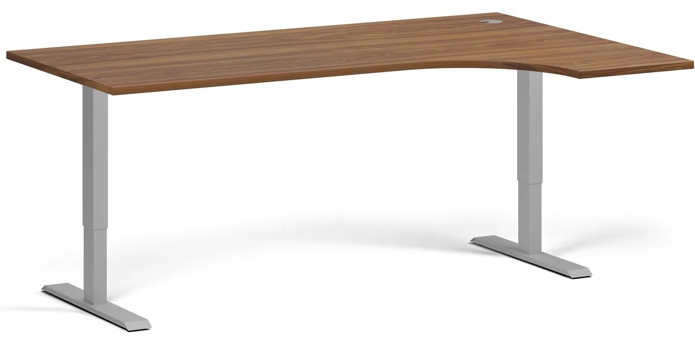 Rohový výškovo nastaviteľný stôl, 180x120 cm, 2 motory, L/P, sivá podnož, orech