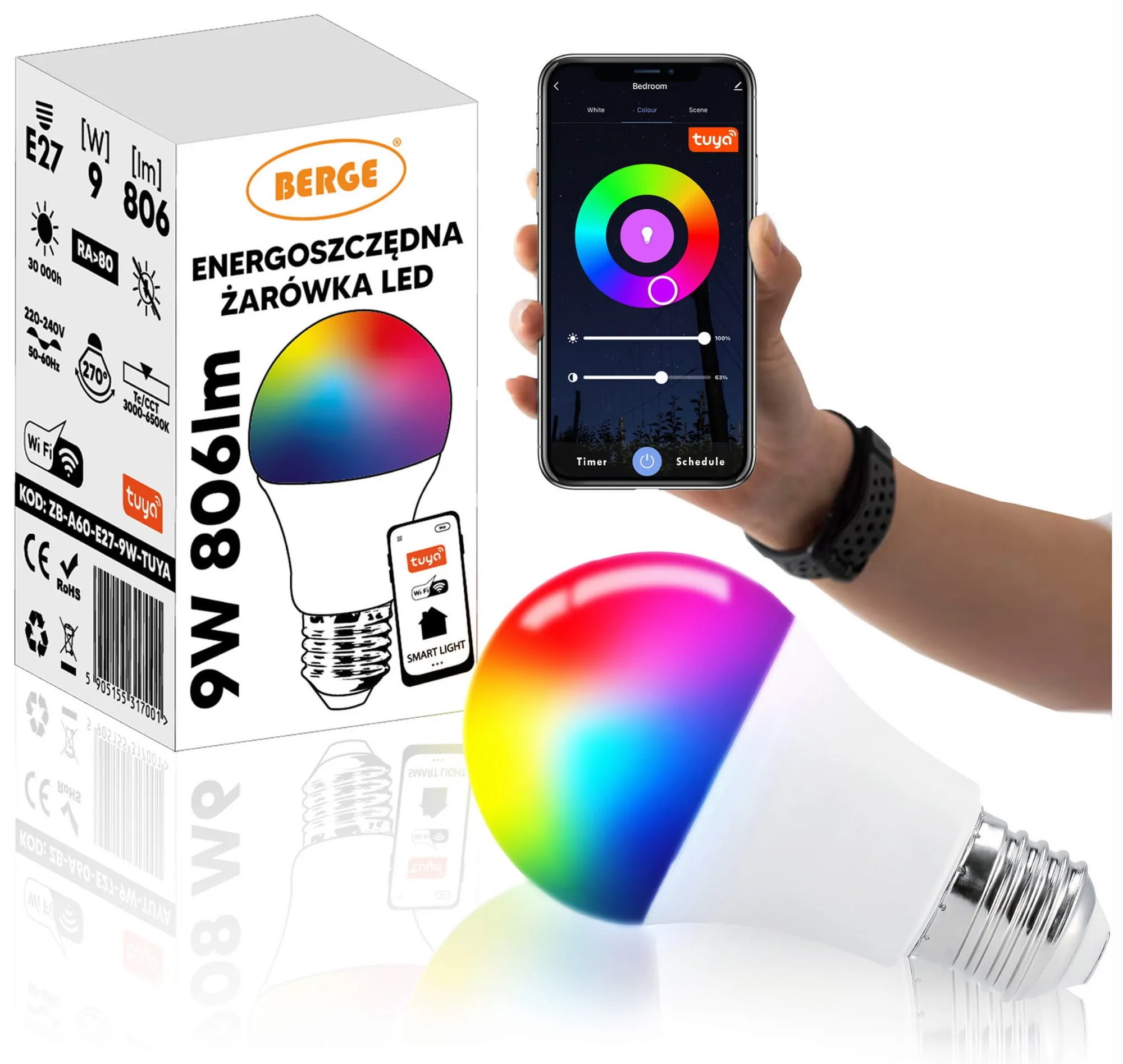 BERGE LED žiarovka E27 9W 806lm RGBW WiFi Tuya 220-240V