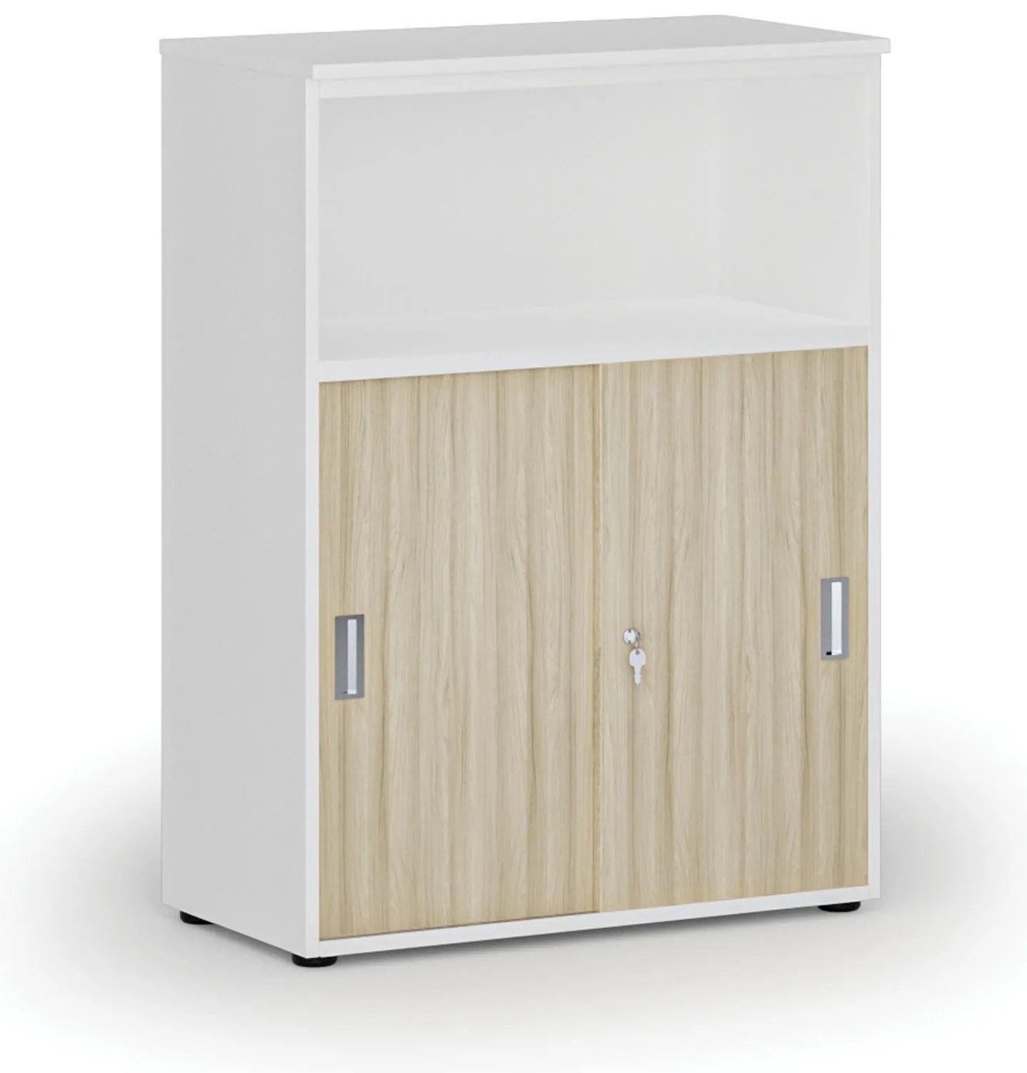 Kombinovaná kancelárska skriňa so zásuvnými dverami PRIMO WHITE, 800 x 420 x 1087 mm, biela/dub prírodná